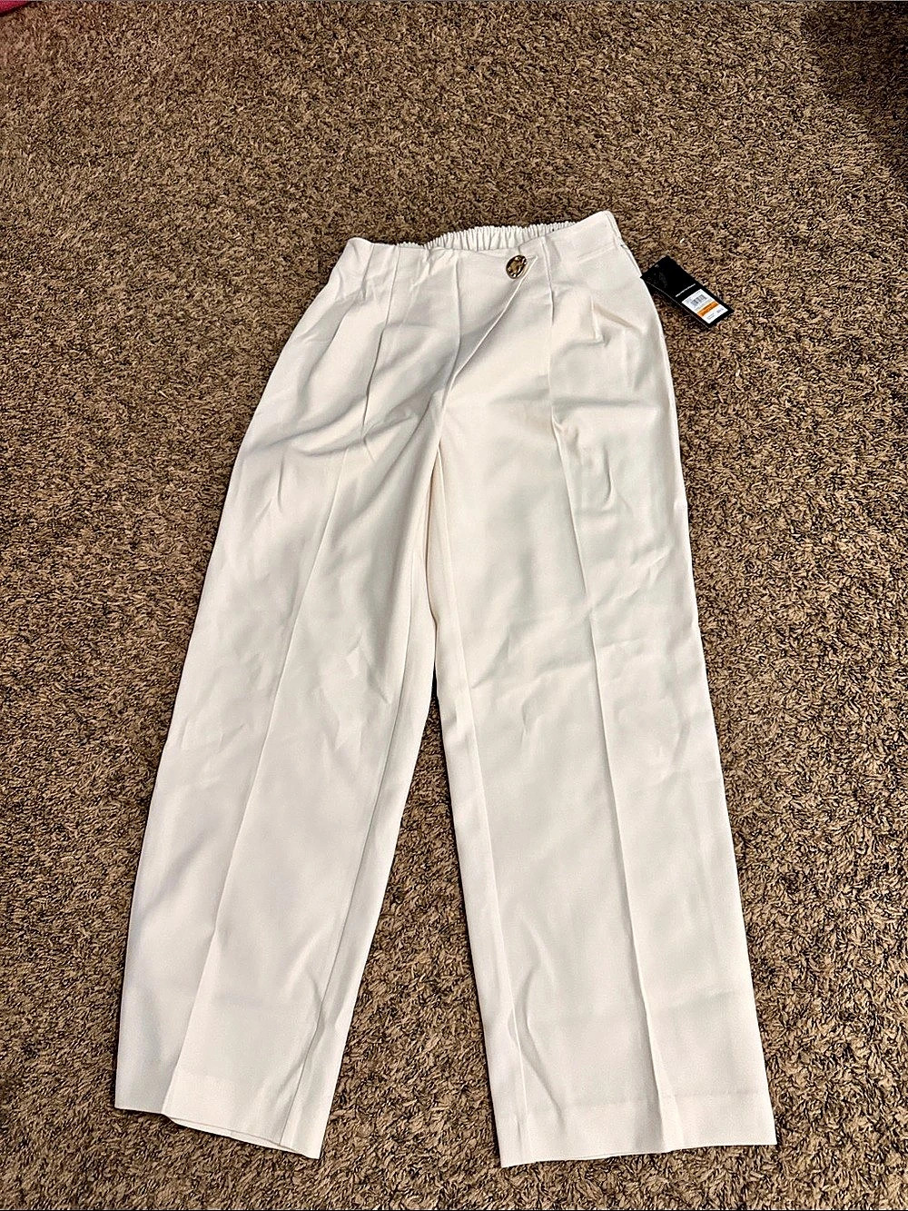 Nine West Pull On Asymmetrical Front Wide Leg Pants White Small